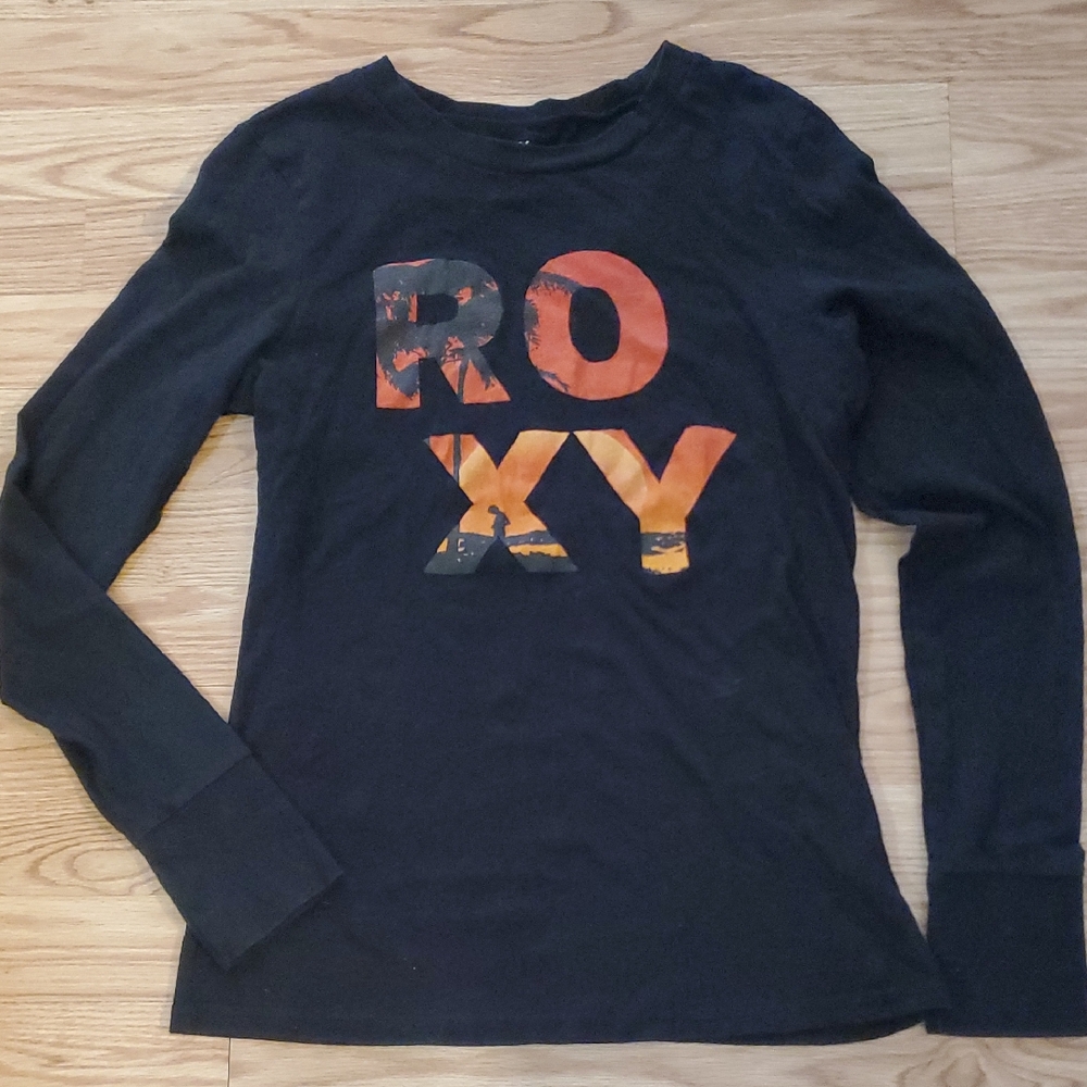 Vintage Y2K Roxy Black Long Sleeve Shirt with Orange Logo With Tropical Scene